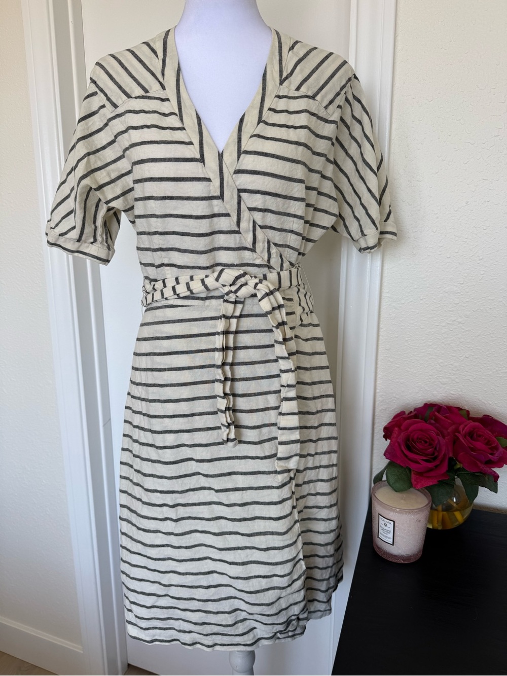 Rogan for Target Linen Cream and Black Striped Wrap Midi Dress. Preloved Sz Sm